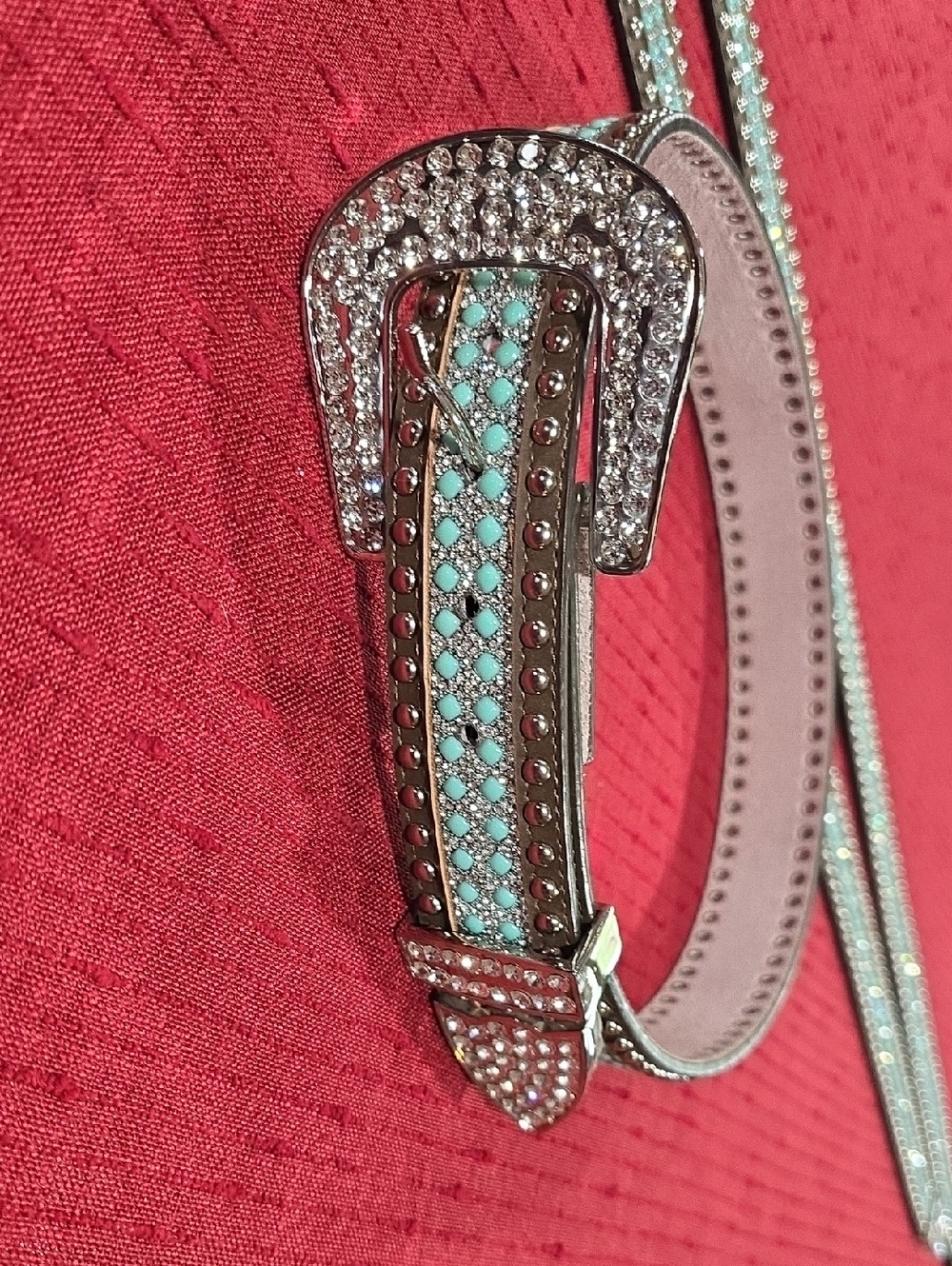 Angel Ranch Women's Leather Turquoise Accent Rhinestone Belt. NWT.